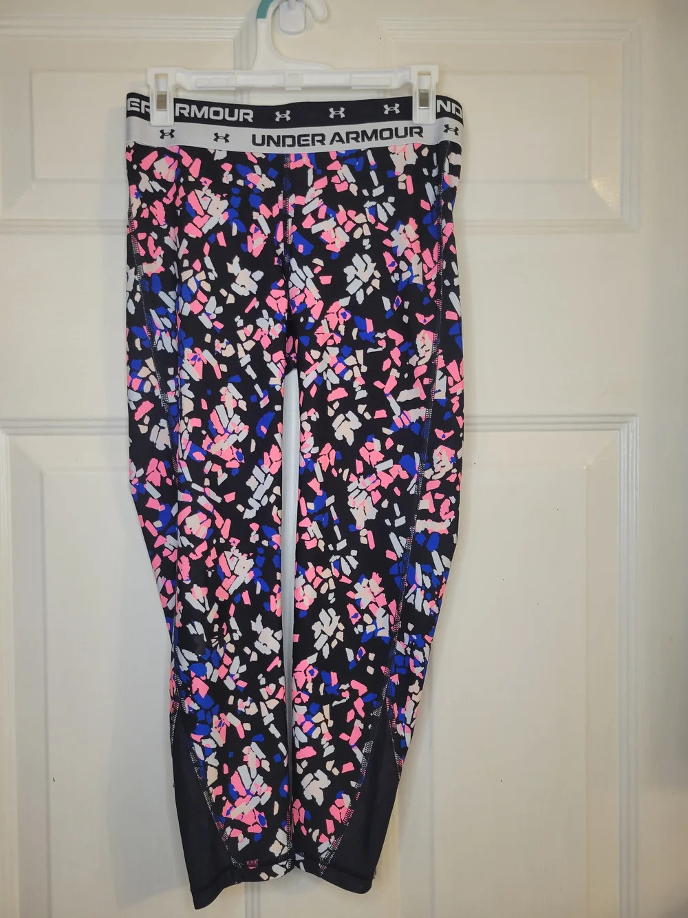 Under Armour Girl's Printed Athletic Leggings - Black with Pink & Blue Pattern - Picture 2 of 7